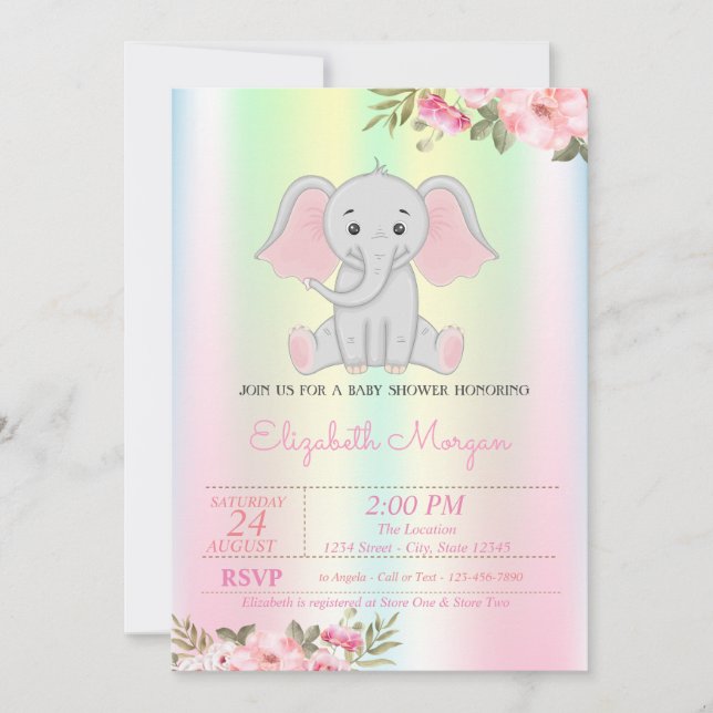 Baby Girl Elephant,  Iridescent Floral Baby Shower Invitation (Front)