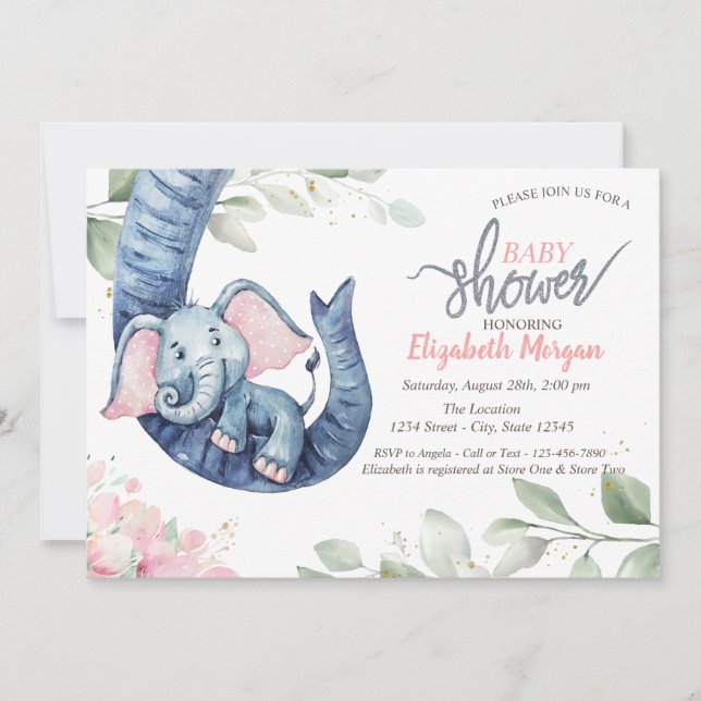 Baby Girl Elephant Leaves Floral Baby Shower Invitation (Front)