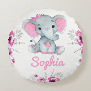 Baby Girl Elephant Name Custom Gift Pink flowers   Round Cushion