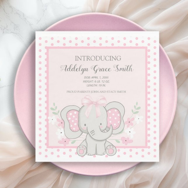 Baby Girl Elephant Pink Polka Dot Sip See Shower Napkin (Cute pink elelphant baby girl baby shower paper napkins)