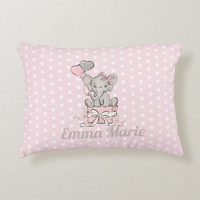 Baby Girl Elephant Pink Silver Balloons Decorative Cushion (Front)