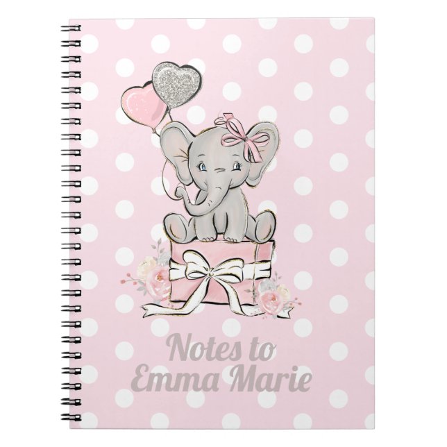 Baby Girl Elephant Pink Silver Notes to Notebook (Front)