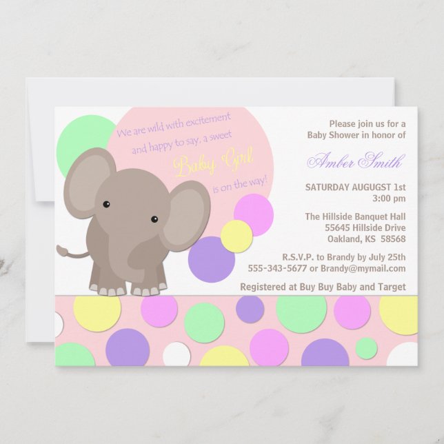 Baby Girl Elephant Shower Invitation (Front)