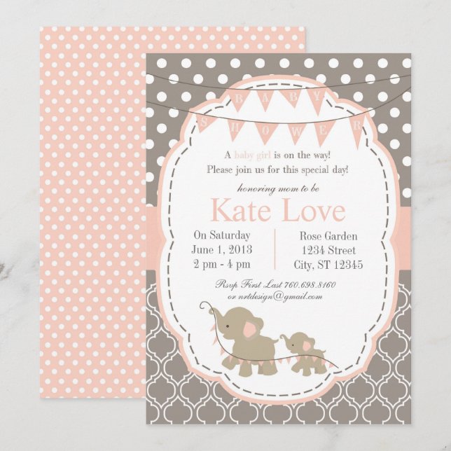 Baby Girl Elephant Shower Invitation - Pink (Front/Back)