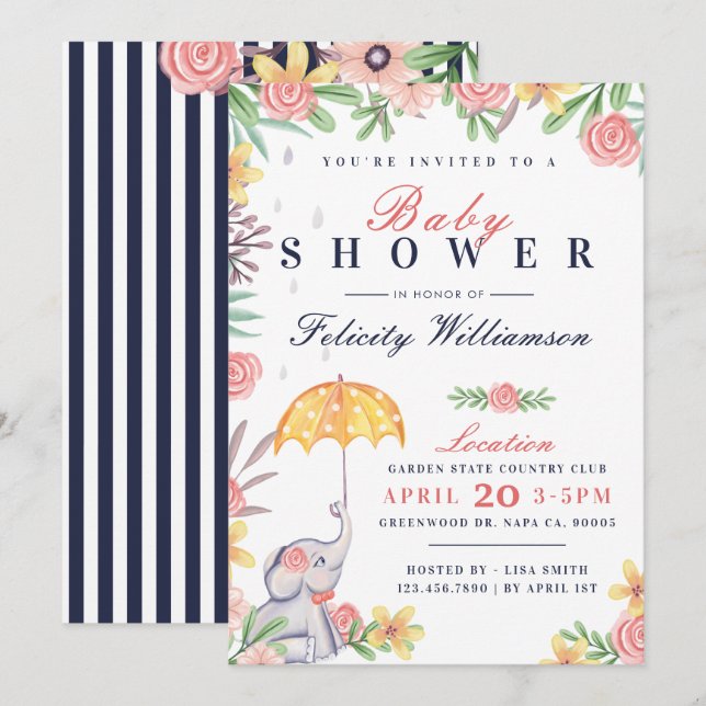 Baby Girl Elephant Umbrella Baby Shower Invitation (Front/Back)