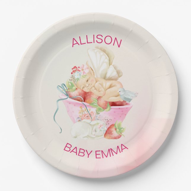 Baby Girl Fairy in Pink Baby Shower Paper Plate (Front)