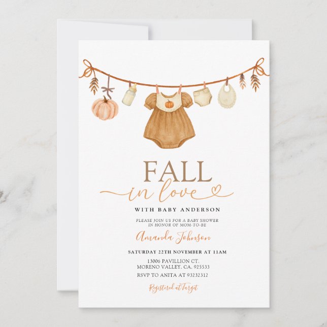 Baby Girl Fall in Love Pumpkin Clothes Invite (Front)