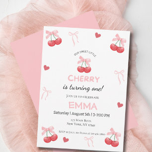 Baby Girl First Birthday Cherry & Pink Bow Cute Holiday Card