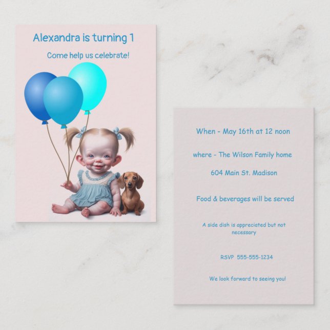 Baby Girl First Birthday Invitation (Front/Back)