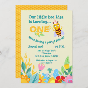 Baby girl first birthday little bee party  invitat invitation