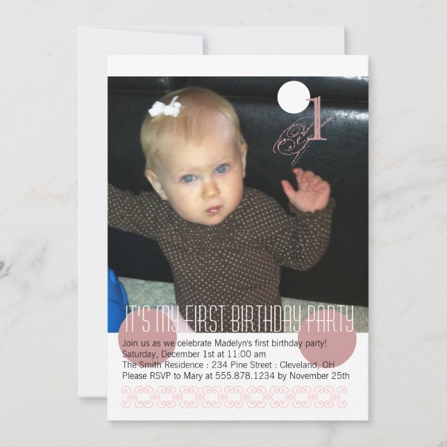 Baby Girl First Birthday Party Invitation (Front)