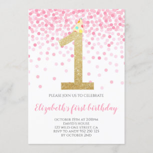 Baby Girl First Birthday Pink Confetti Girl Party Invitation