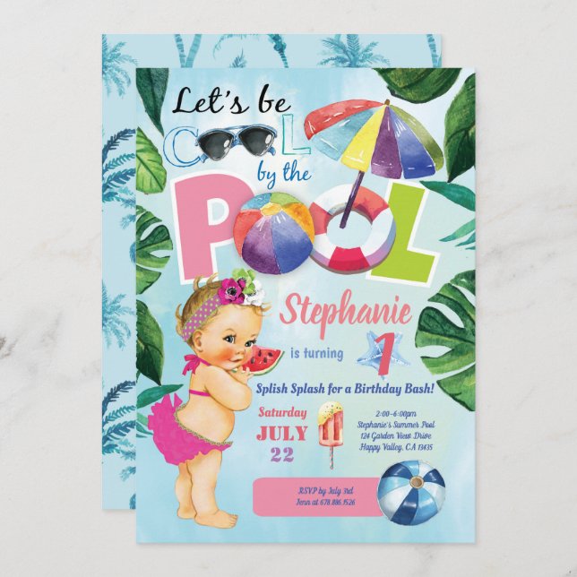 Baby girl first birthday pool party tropical invitation (Front/Back)