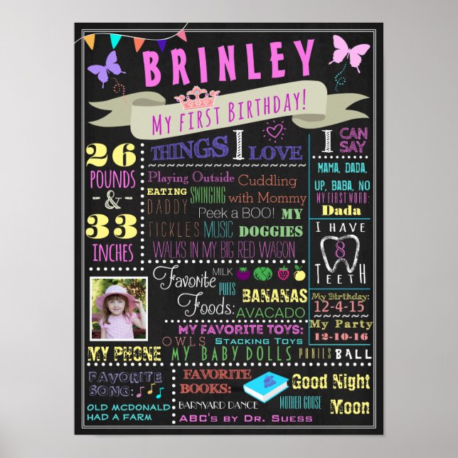 Baby Girl First Birthday Poster (Front)