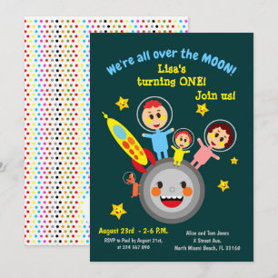 Baby girl first birthday space party invitation