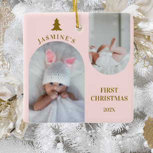 Baby Girl First Christmas Arch Photo Blush Pink Ceramic Ornament