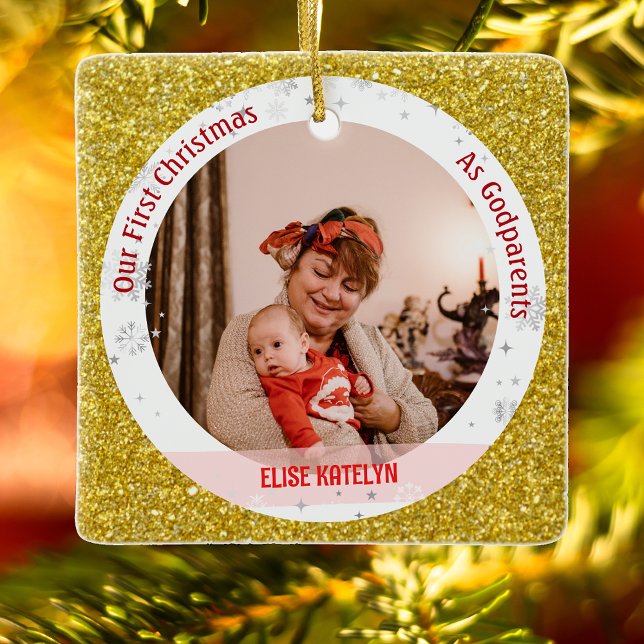 Baby Girl First Christmas As Godparents 2 Photos Ceramic Ornament (Elegant Modern Cute Golden Our First Christmas as Godparents Baby Girl 2 Photos Faux Glitter)