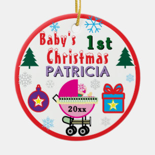 Baby Girl First Christmas Baby Carriage NAME Ceramic Tree Decoration