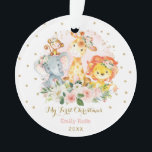 Baby Girl First Christmas Blush Gold Floral Safari Ornament<br><div class="desc">This feminine design features a group of adorable jungle animals surrounded by gorgeous watercolor blush pink roses and gold glitter confetti</div>