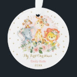 Baby Girl First Christmas Blush Gold Floral Safari Ornament<br><div class="desc">This feminine design features a group of adorable jungle animals surrounded by gorgeous watercolor blush pink roses and gold glitter confetti</div>
