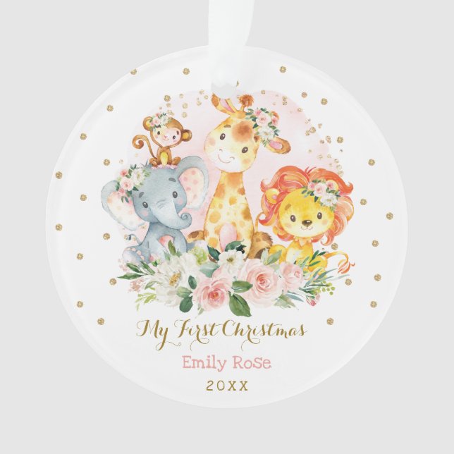 Baby Girl First Christmas Blush Gold Floral Safari Ornament (Front)