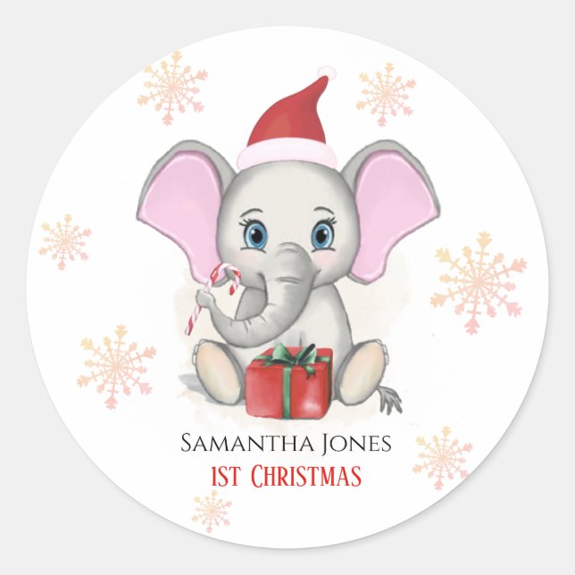 Baby Girl First Christmas Cute Elephant Holidays Classic Round Sticker (Front)