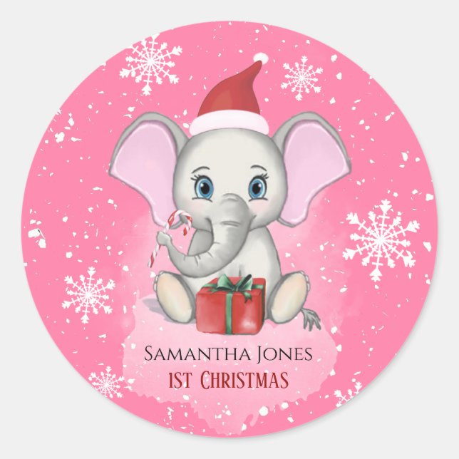 Baby Girl First Christmas Cute Elephant Holidays Classic Round Sticker (Front)
