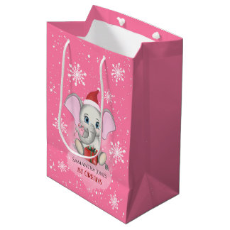 Baby Girl First Christmas Cute Elephant Holidays Medium Gift Bag