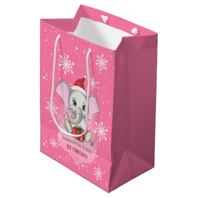 Baby Girl First Christmas Cute Elephant Holidays Medium Gift Bag (Front Angled)