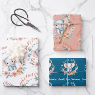 Baby Girl First Christmas Elephant Pink Name Wrapping Paper Sheet