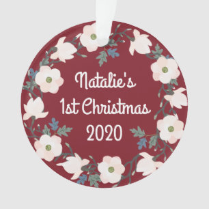 Baby Girl First Christmas Floral Burgundy Photo Ornament