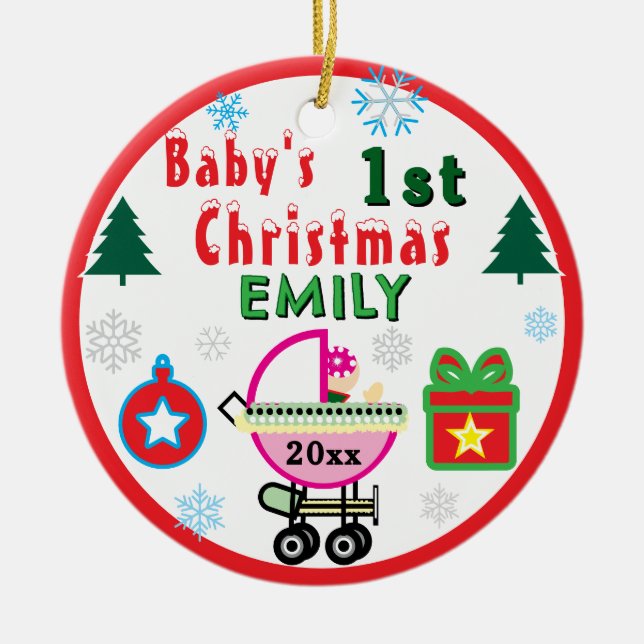 Baby Girl First Christmas Green NAME Ceramic Tree Decoration (Front)