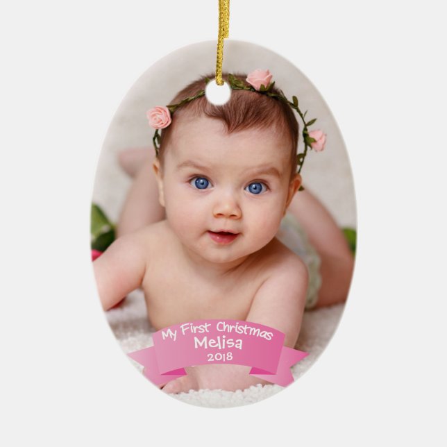 Baby Girl First Christmas Photo Ceramic Tree Decoration (Front)