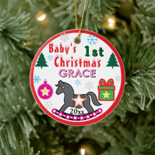 Baby Girl First Christmas PHOTO Pink Grey Horse Ceramic Tree Decoration