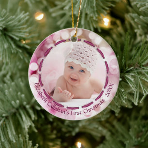 Baby Girl First Christmas, Pink Bokeh, Two Photos Ceramic Tree Decoration