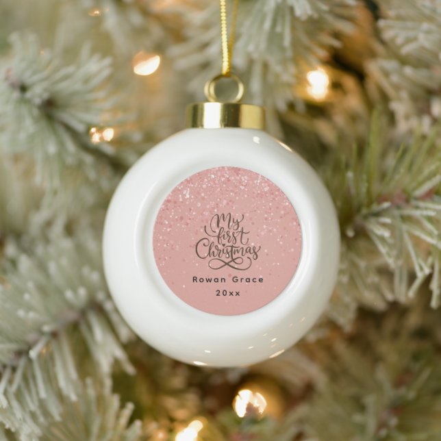 Baby Girl First Christmas Pink Custom Name Ceramic Ball Christmas Ornament (Tree)