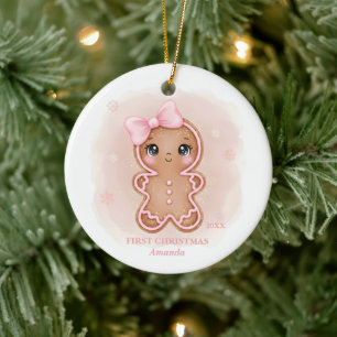 Baby Girl First Christmas Pink Gingerbread Photo Ceramic Tree Decoration