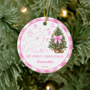 Baby Girl First Christmas Pink Gingham Bow Photo Ceramic Tree Decoration