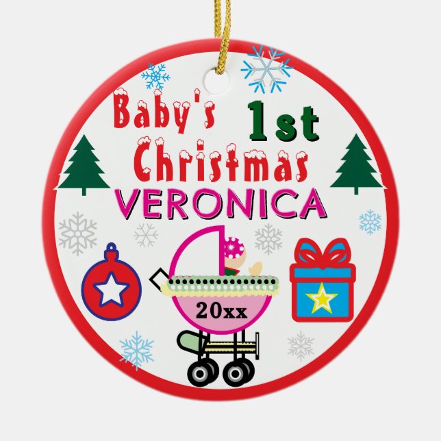 Baby Girl First Christmas Pink Hat NAME Ceramic Tree Decoration (Front)