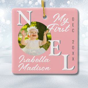 Baby Girl First Christmas Pink Noel Photo Keepsake Ceramic Ornament