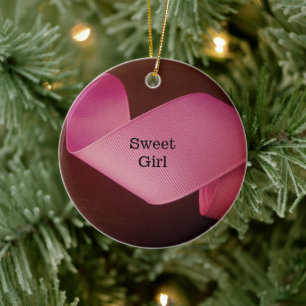 Baby girl first Christmas pink ribbon twirling Ceramic Tree Decoration