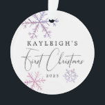 Baby Girl First Christmas Pink Snowflakes Photo Ornament<br><div class="desc">Cute Christmas ornament for a newborn baby featuring a pink and purple watercolor snowflakes. The elegant script text on the top says "XX's First Christmas." Add a picture on the back of the ornament.</div>