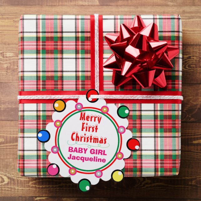 Baby Girl First Christmas Red Green Blue Pink Tree Decoration Card (Insitu (Gift))