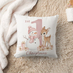 Baby Girl First Christmas Snowman Deer Cushion