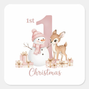 Baby Girl First Christmas Snowman Deer Square Sticker