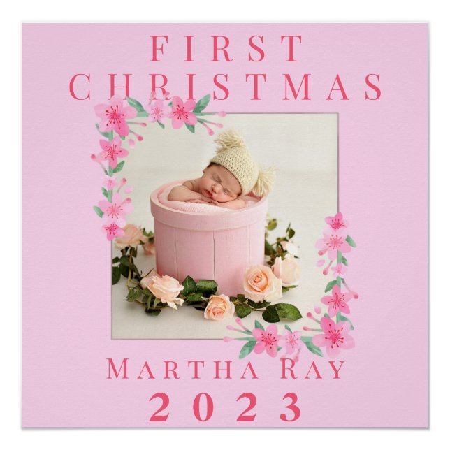 Baby Girl First Christmas Soft Pink floral frame Poster (Front)