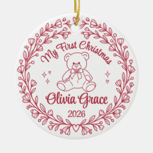 Baby Girl First Christmas Teddy Bear Name & Year Ceramic Tree Decoration