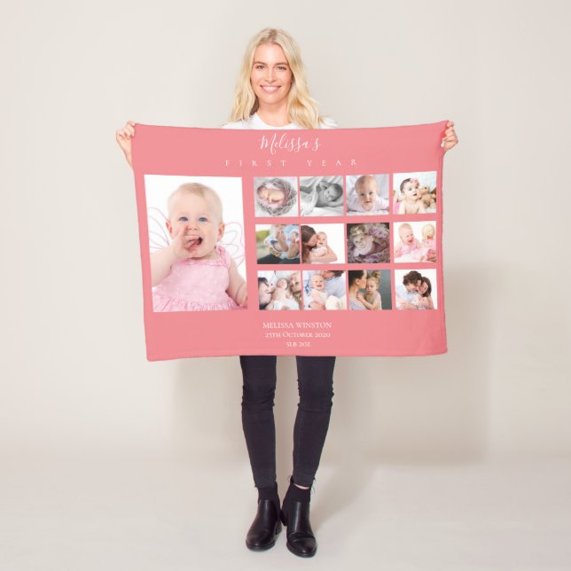 Baby girl First Year Photo Collage 12 months Pink Fleece Blanket (In Situ)