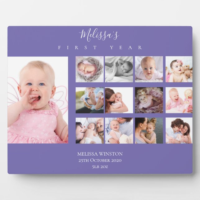 Baby Girl First Year Photo Collage Custom Purple Plaque (Front)