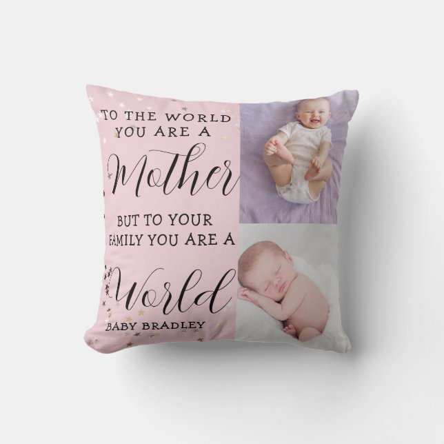 Baby girl First Year Photo Collage Keepsake pink Cushion (Front)